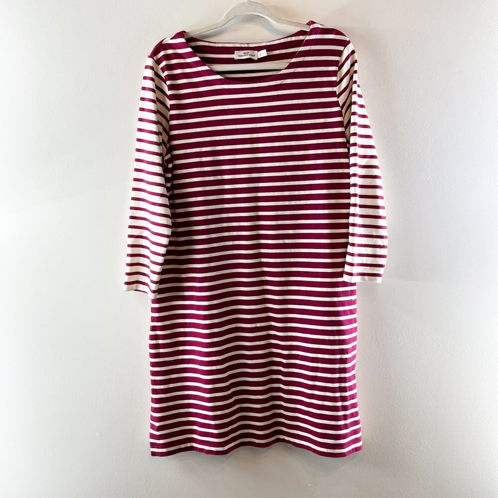 Vineyard Vines Cotton Striped Long Sleeve Scoop Neck Mini Dress Red White Large